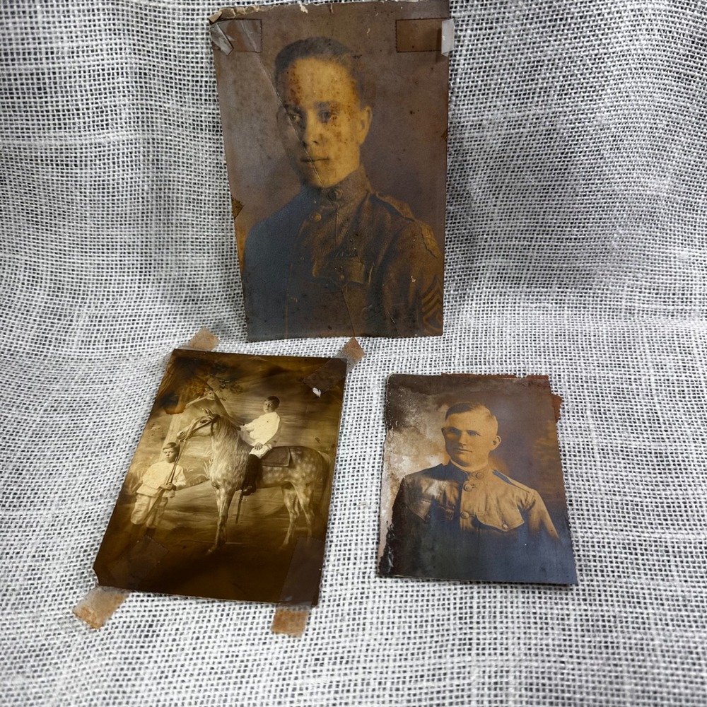 3 Antique‎ RPPC WWI Soldier Portraits & Children with Horse Postcards Lot AS IS
